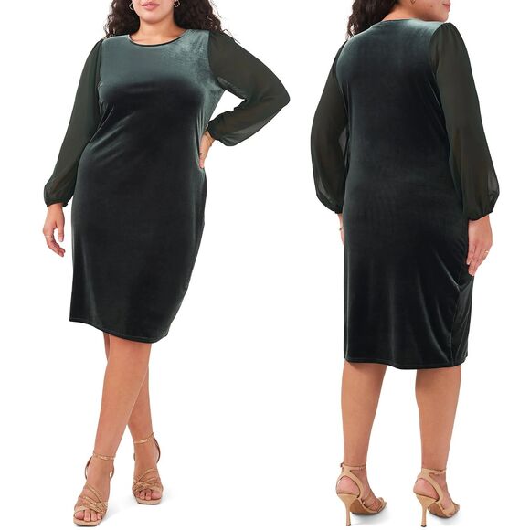 New Vince Camuto Velvet Emerald Green Sheer Balloon Long Sleeve Dress Size 2X - Picture 16 of 16